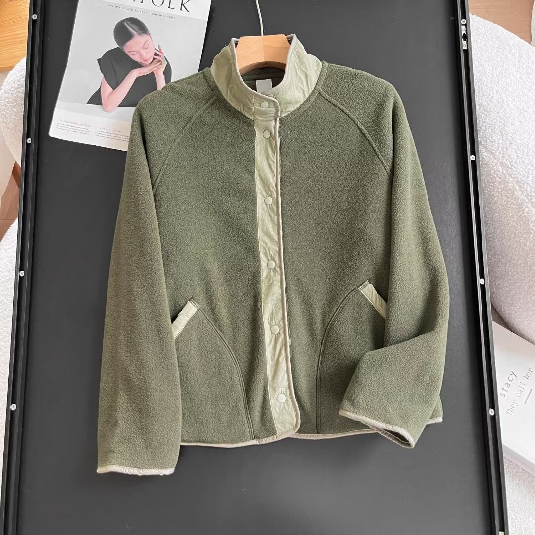 Damen Fleece-Jacke Elastischer Kragen Praktische Taschen Beige