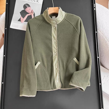 Damen Fleece-Jacke Elastischer Kragen Praktische Taschen Beige