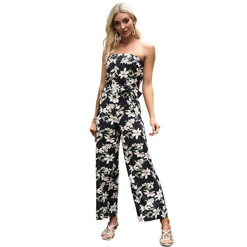 Damen Jumpsuit Floralmuster Verstellbarer Taillengürtel Norvielle