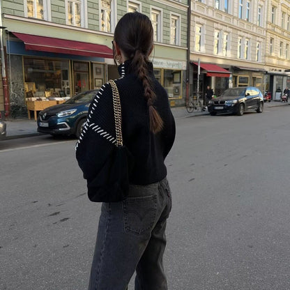 Damen Strickpullover Hochärmelig Kontraststich Norvielle