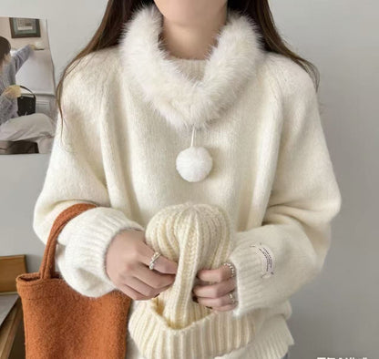 Damen Strickpullover Kuschelig Abnehmbarer Kragen Beige