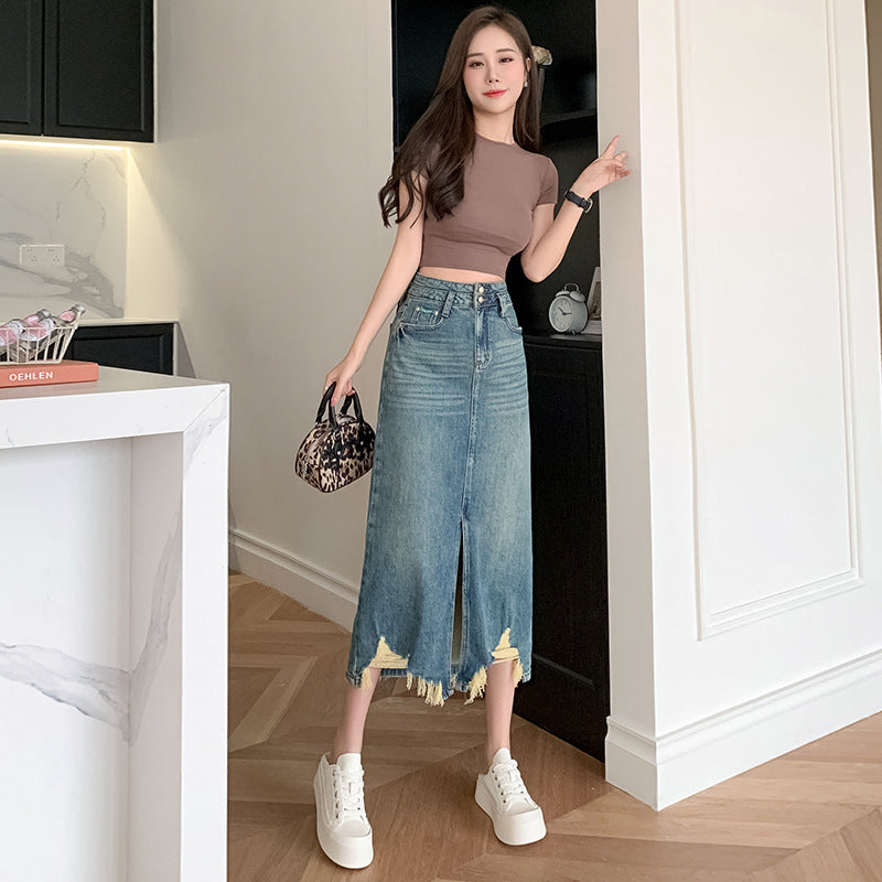 Damen Denimrock Langer Rock mit Seitenschlitz und Fransen Saum