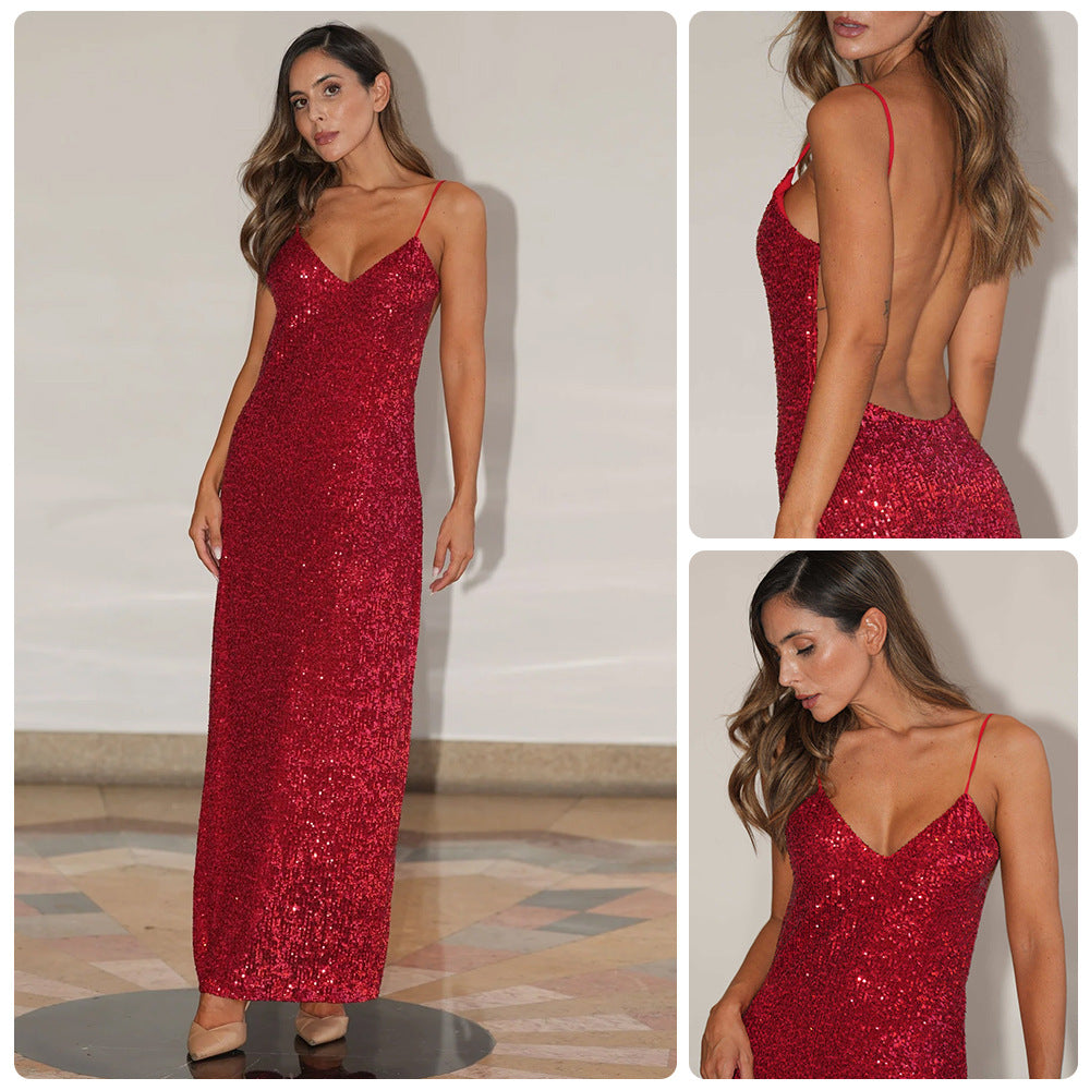 Damen Abendkleid Paillettenbesatz V-Ausschnitt Norvielle - Norvielle