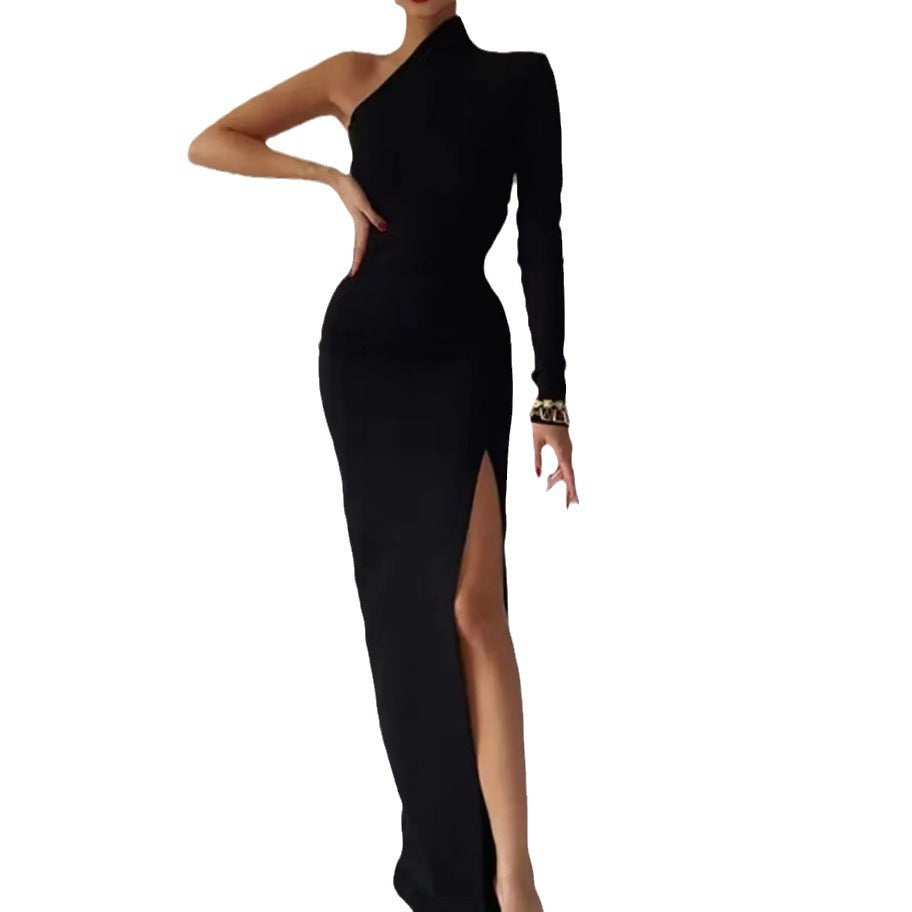 Damen Abendkleid Asymmetrisch Langarm Hochschlitz Norvielle