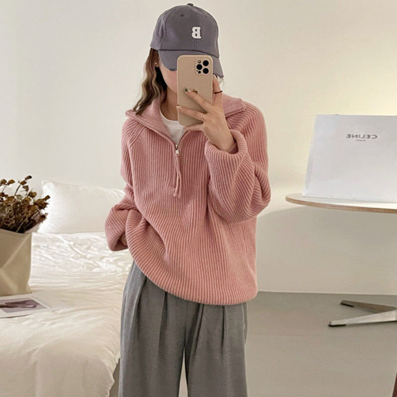 Damen Grobstrickpullover Reißverschluss Hoher Kragen Norvielle