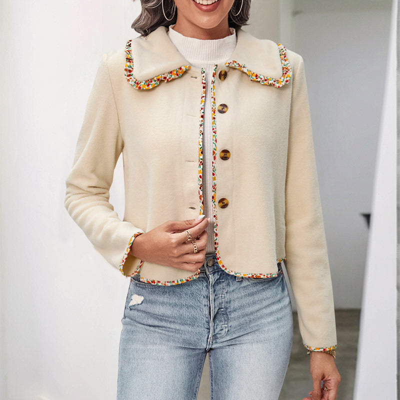 Damen Lässige Jacke Bunter Kragen Knöpfe Beige - Norvielle