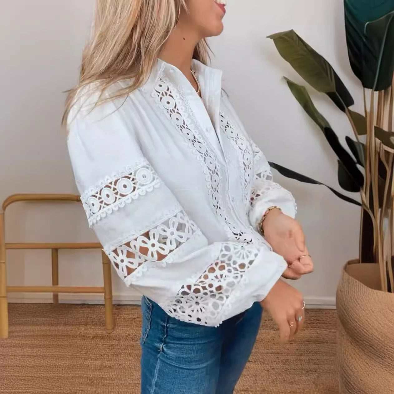Damen Bluse mit Häkel- und Lochstrickdetails Norvielle