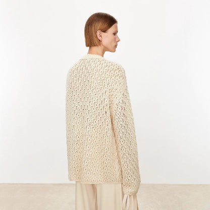 Damen Strickpullover Luftiger Strick Offene Struktur Beige