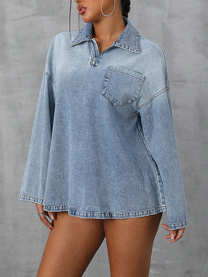 Damen Oversized Denimbluse Lässiger Kragen