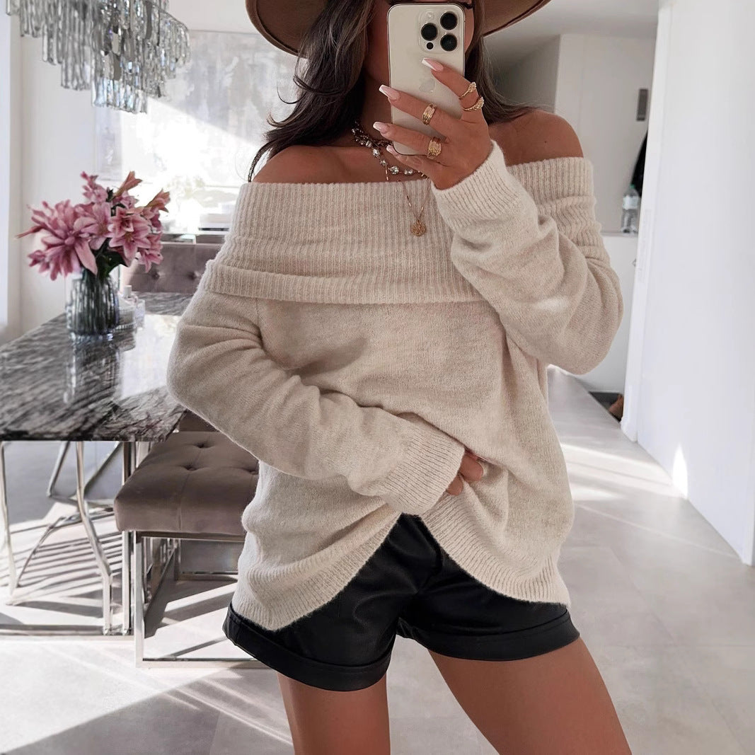 Damen Off-Shoulder Pullover Weiches Strickmaterial Rippdetails Beige - Norvielle
