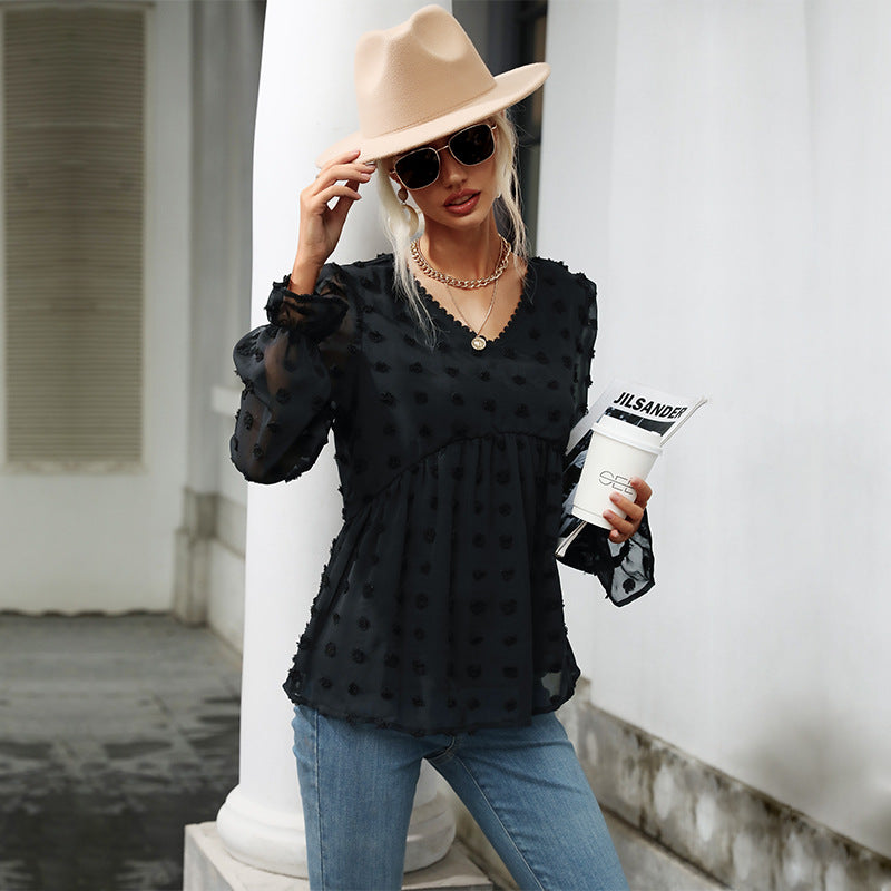 Damen Bluse Luftig Rüschendetails Punkte-Design