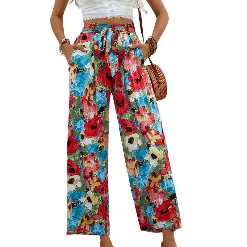 Damen Hose Weites Bein Floralmuster Elastisch
