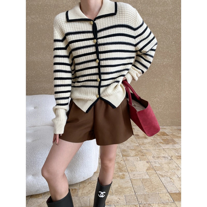 Damen Strickjacke Gestreift Lässig Mit Druckknöpfen Beige - Norvielle