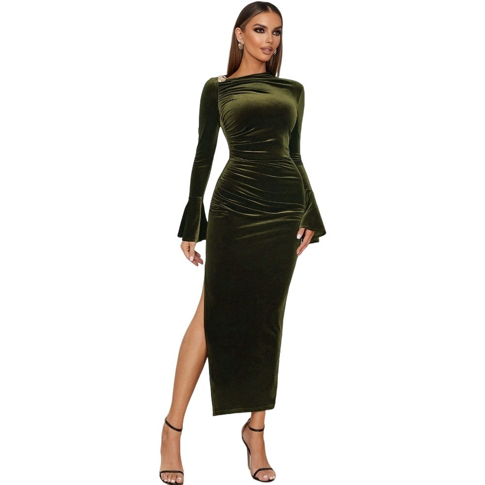 Damen Maxikleid Samt V-Ausschnitt Rüschendetails