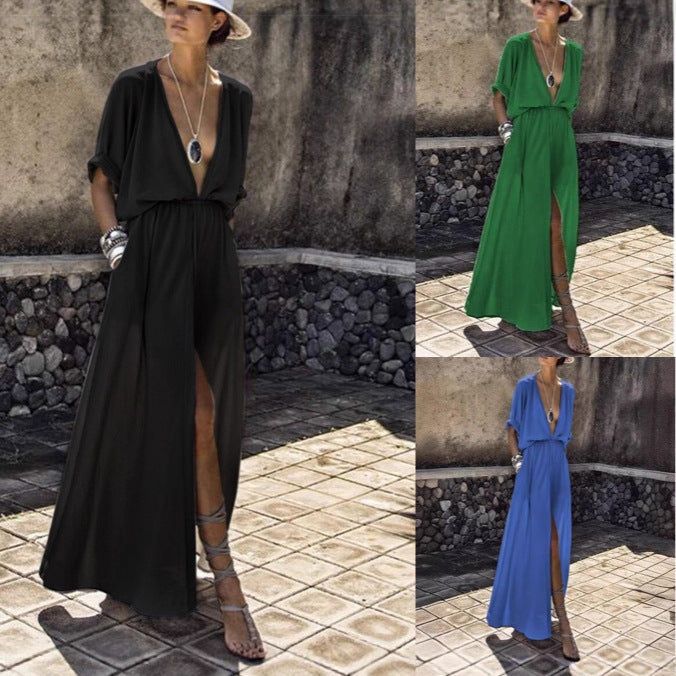 Damen Maxikleid V-Ausschnitt Hochschlitz Norvielle - Norvielle