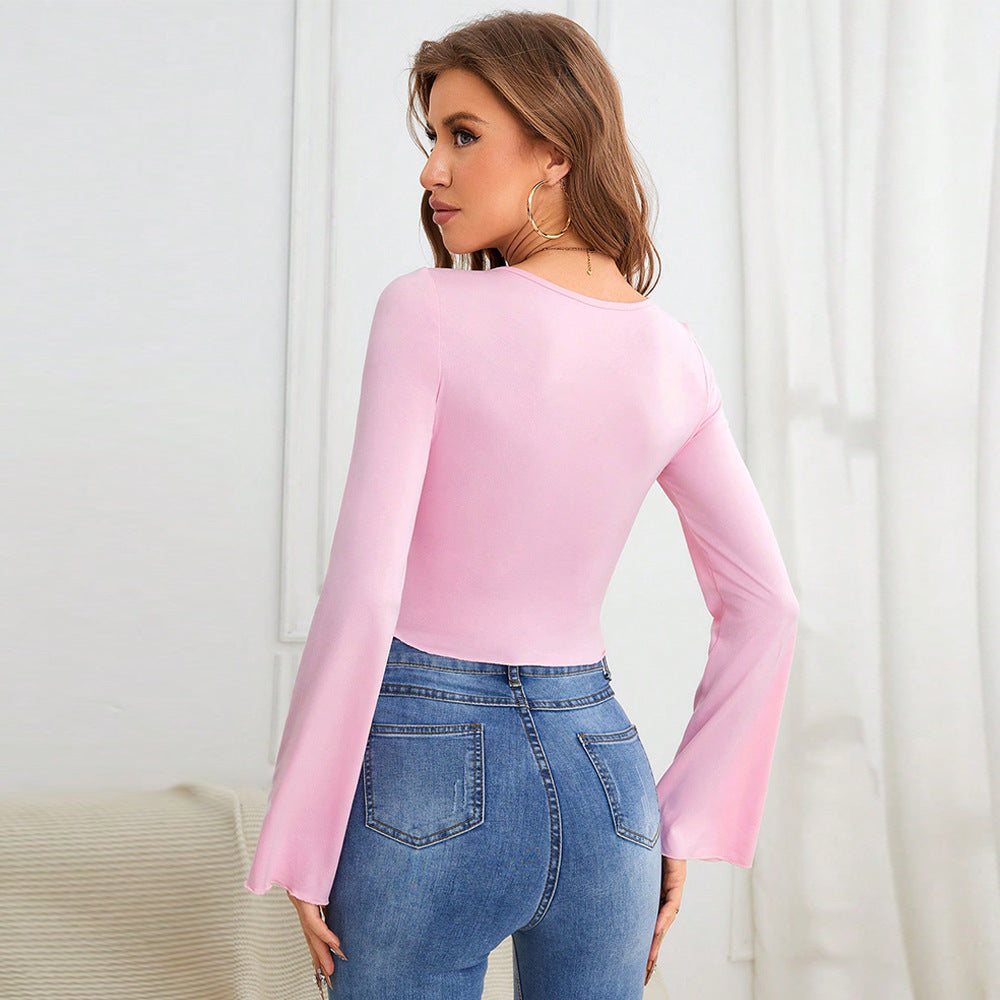 Damen Langarmbody Quadrat-Ausschnitt Rüschen-Design Elegantes Oberteil
