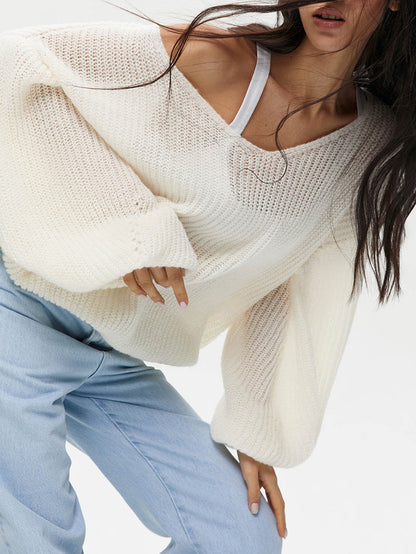 Damen Strickpullover V-Ausschnitt Voluminöse Ärmel Norvielle