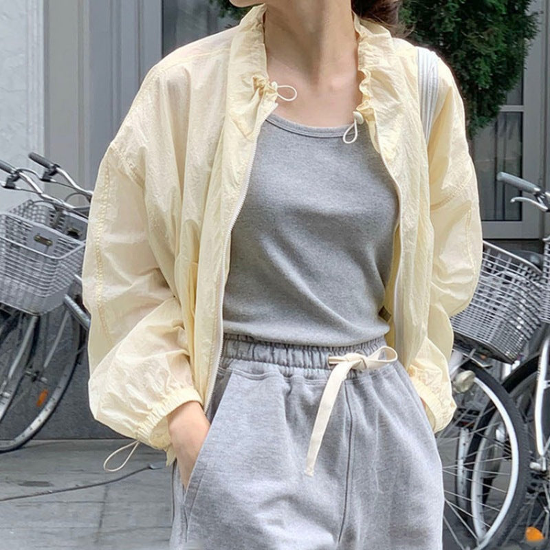 Damen Sommerjacke Leicht Rüschendetails Beige - Norvielle