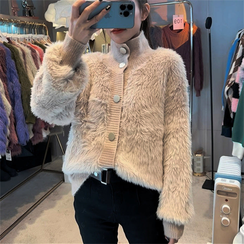Damen Strickjacke Kuschelig Knopfverschluss Hochkragen Norvielle