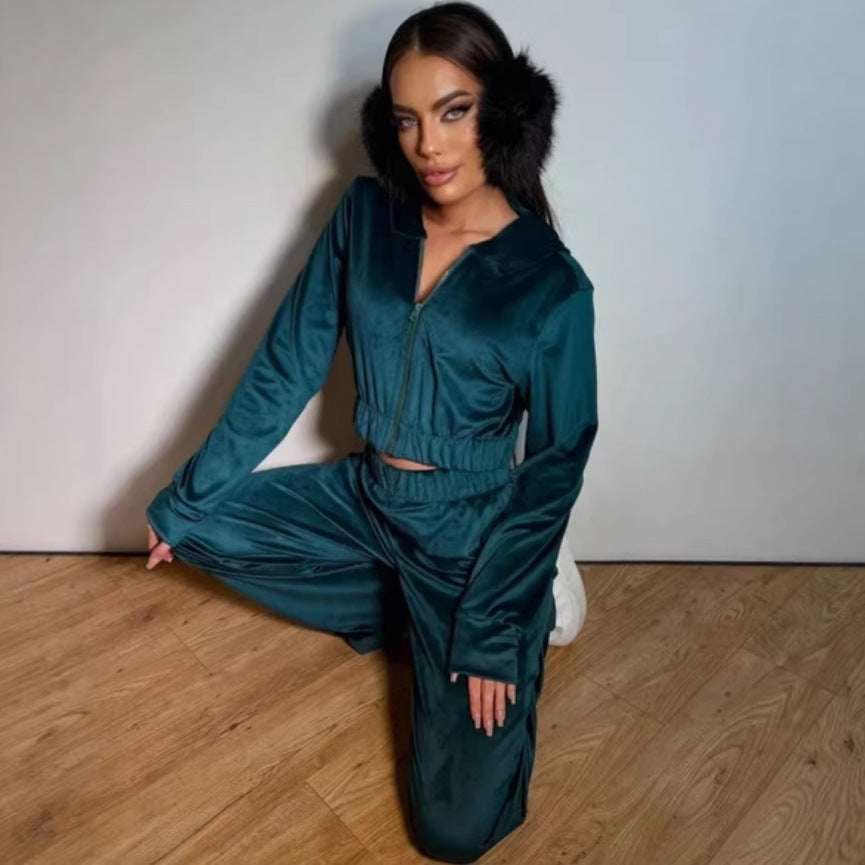 Damen Velours-Loungewear-Set mit Kapuze elastisch Norvielle