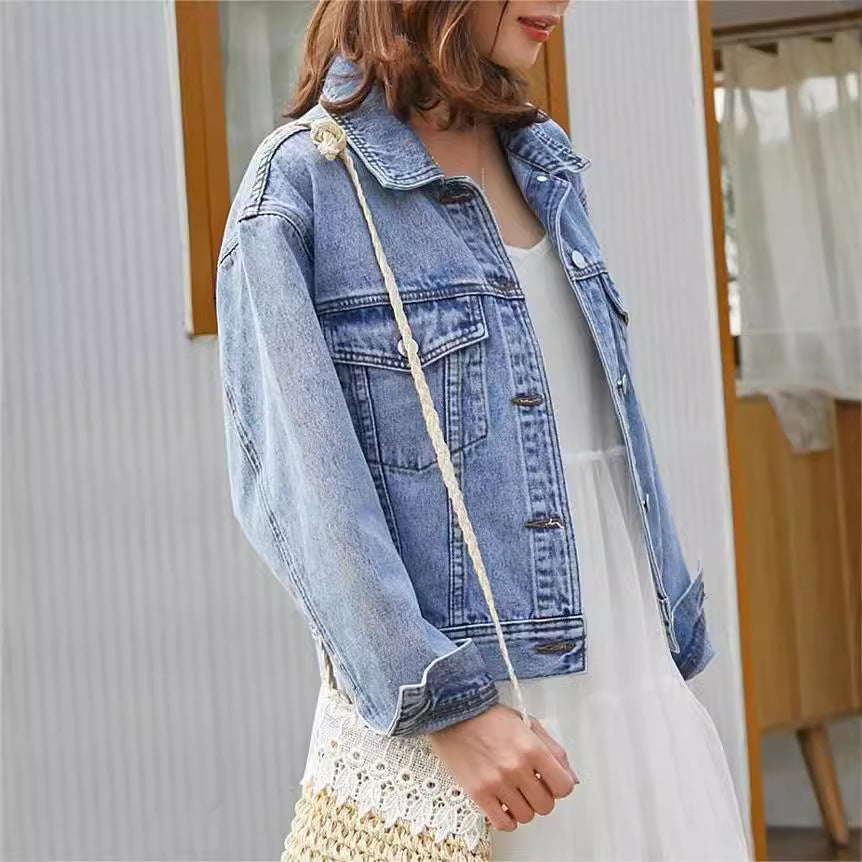 Damen Denimjacke Aufwendig Gestickter Schriftzug