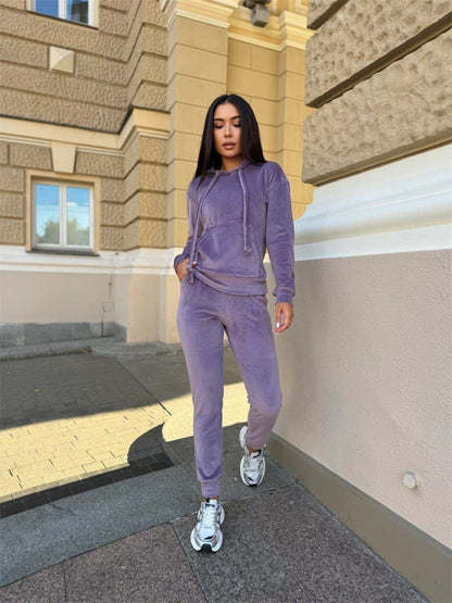 Damen Velours Loungewear Set mit Kapuze elastisch