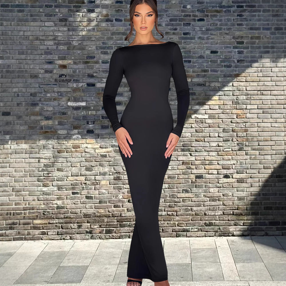 Damen Maxikleid Langarm Elegantes V-Ausschnitt Schwarz - Norvielle