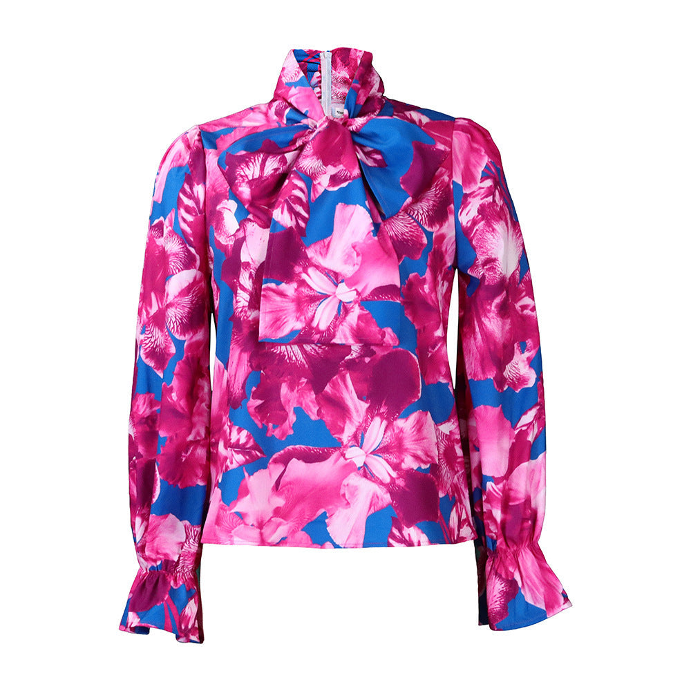 Damen Bluse Florales Muster Elegantes Schleifendetail