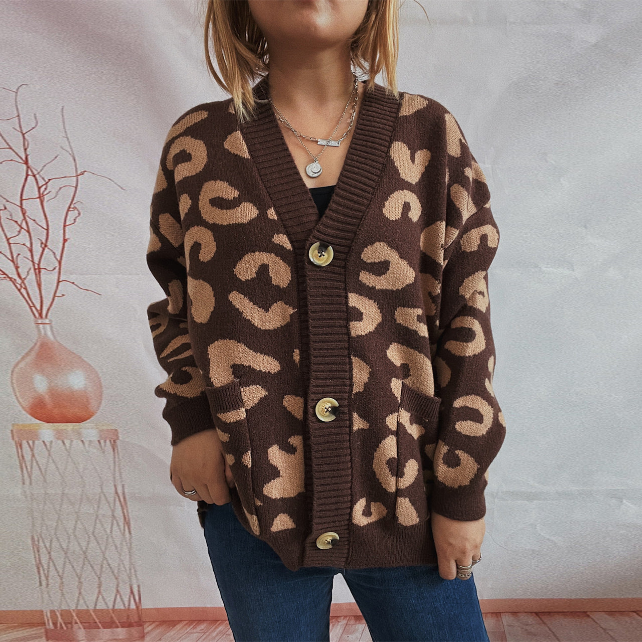 Damen Cardigan Lockere Ärmel Leo-Muster Norvielle