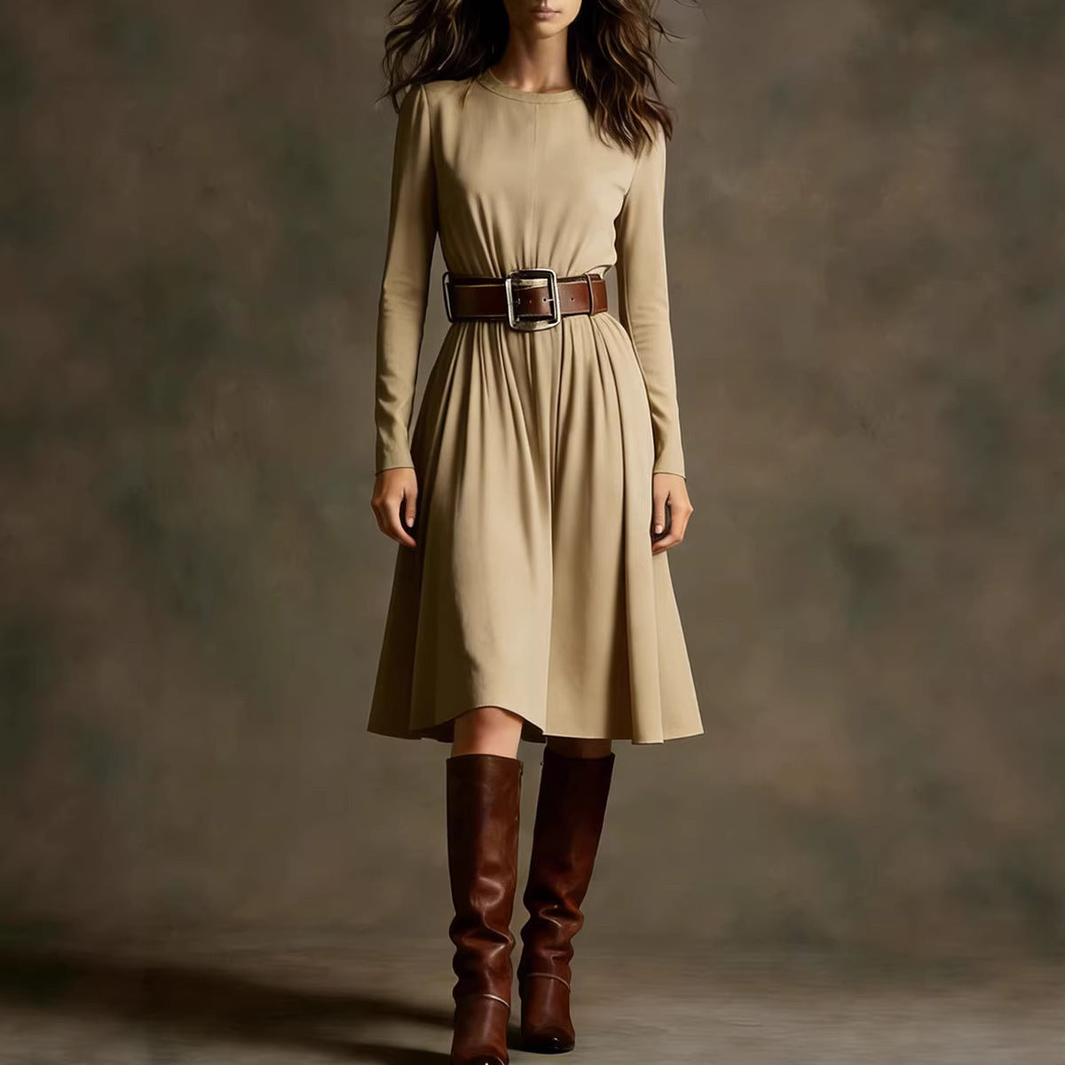 Damen Elegantes Kleid Langarm Taillengürtel Norvielle