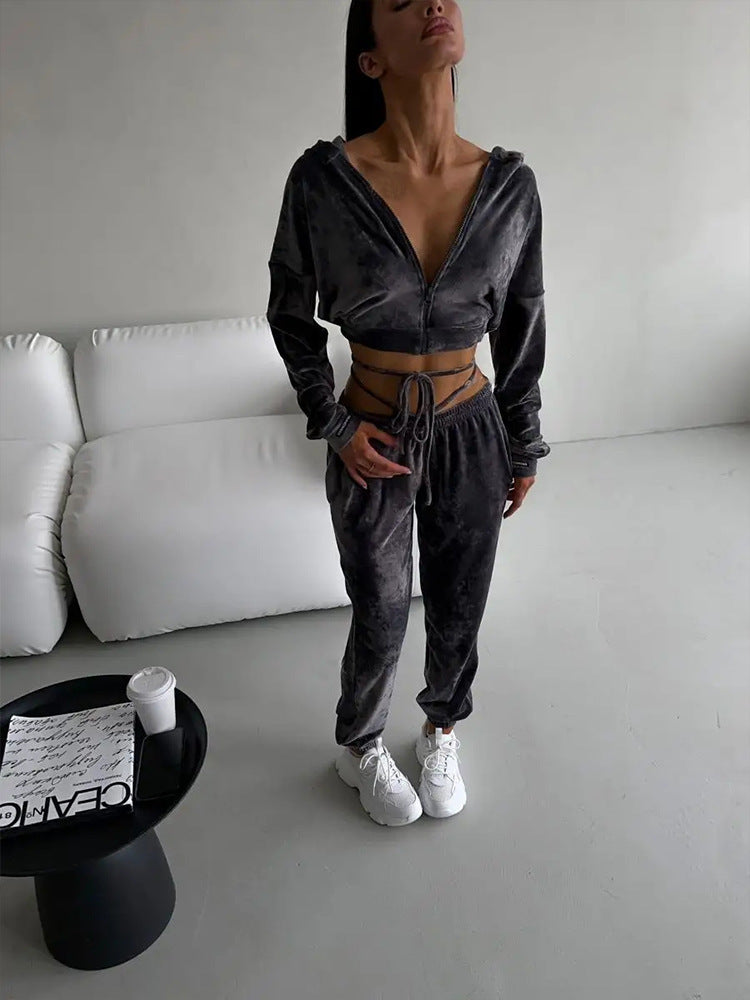 Damen Fleece Trainingsanzug Cropped Hoodie Jogginghosen