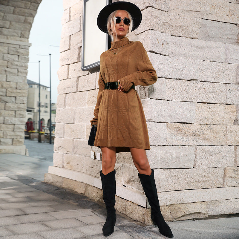 Damen Strickkleid Hochgeschlossener Kragen Zopfmuster Norvielle
