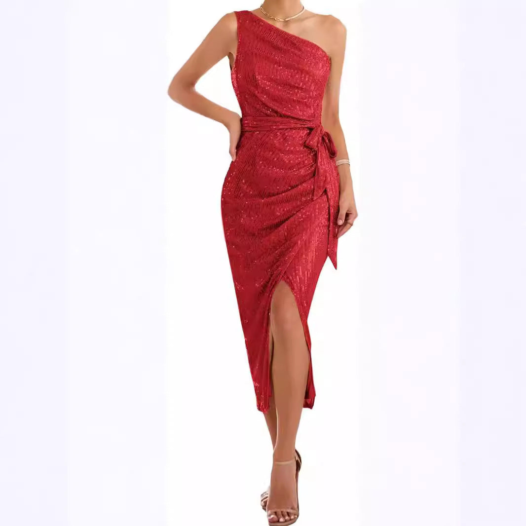Damen Abendkleid Asymmetrisch Pailletten Hocher Schlitz