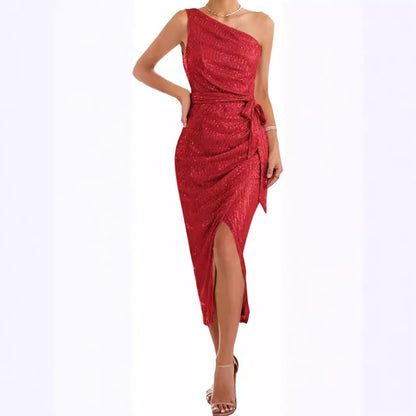 Damen Abendkleid Asymmetrisch Pailletten Hocher Schlitz