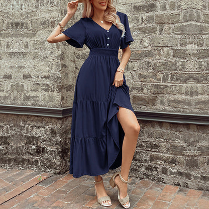 Damen Maxikleid Rüschen Details Taillengürtel Norvielle