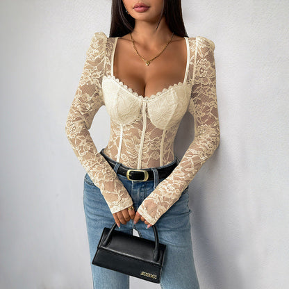 Damen Spitzenbody Elegant Schnürdesign