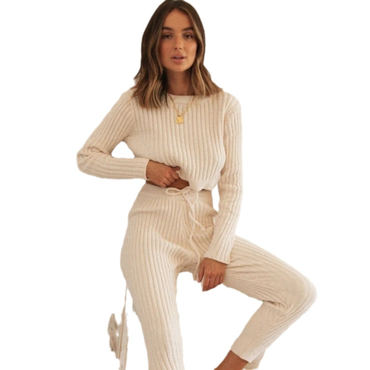 Damen Strickensemble Hoher Bund Rippstruktur Beige