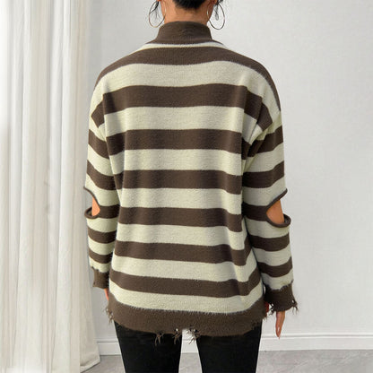 Damen Oversized Strickpullover Reißverschluss Cut-Outs Norvielle