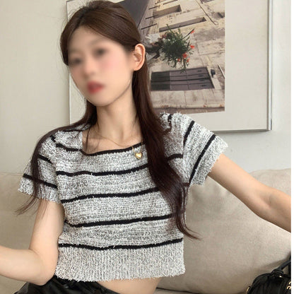 Damen Cropped Streifenmuster Lässig Weiß