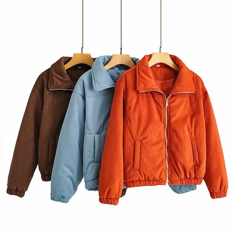 Damen Cordjacke Elastische Bündchen Hochkragen Beige