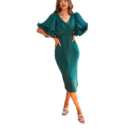 Damen Midi-Kleid Plissiert Voluminöse Ärmel Norvielle