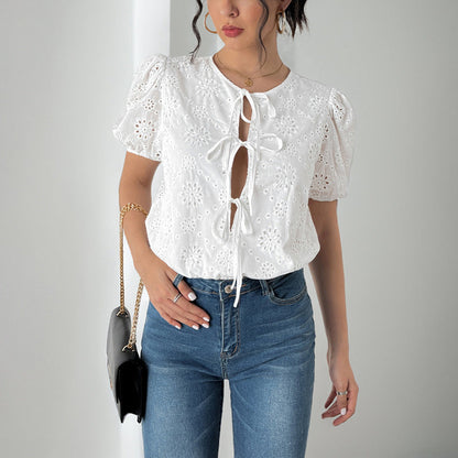 Damen Bluse Puffärmel Blumenmuster Kordelzug Norvielle