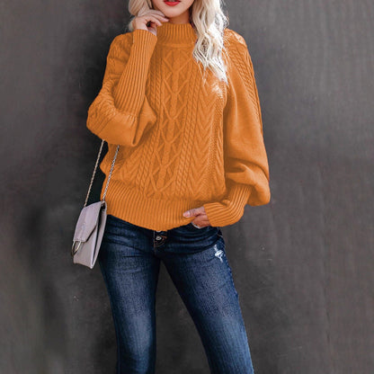 Damen Grobstrickpullover Stehkragen Ballonärmel Norvielle