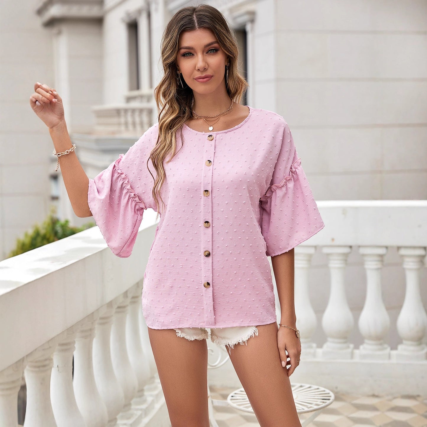 Damen Bluse Rüschendetails Knopfleiste