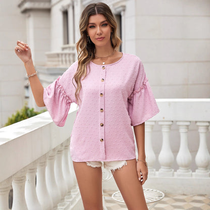 Damen Bluse Rüschendetails Knopfleiste