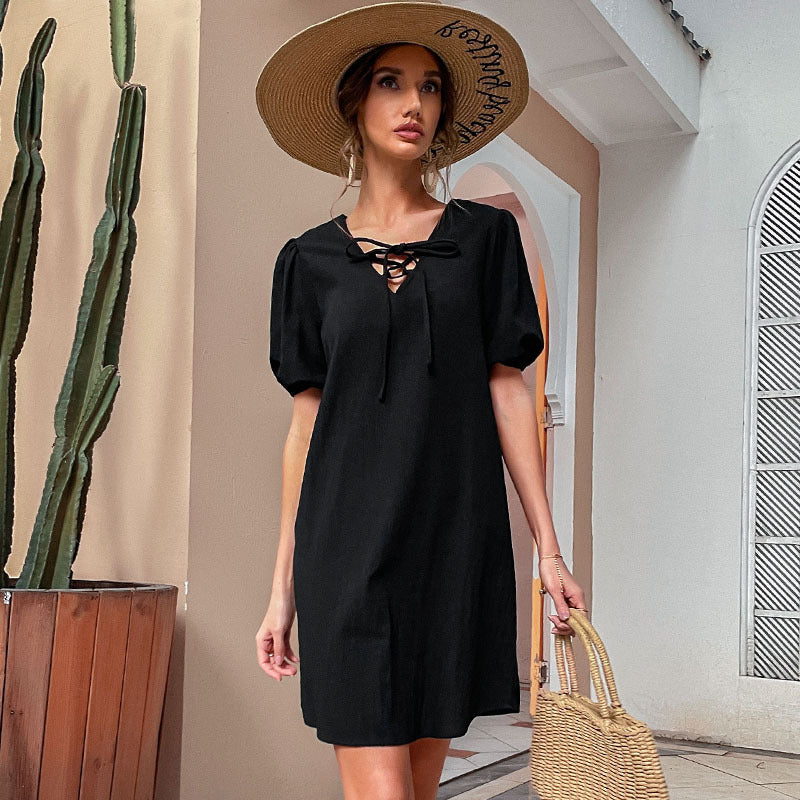 Damen Freizeitkleid mit Schnürung und Puffärmeln Norvielle