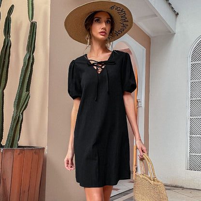 Damen Freizeitkleid mit Schnürung und Puffärmeln Norvielle