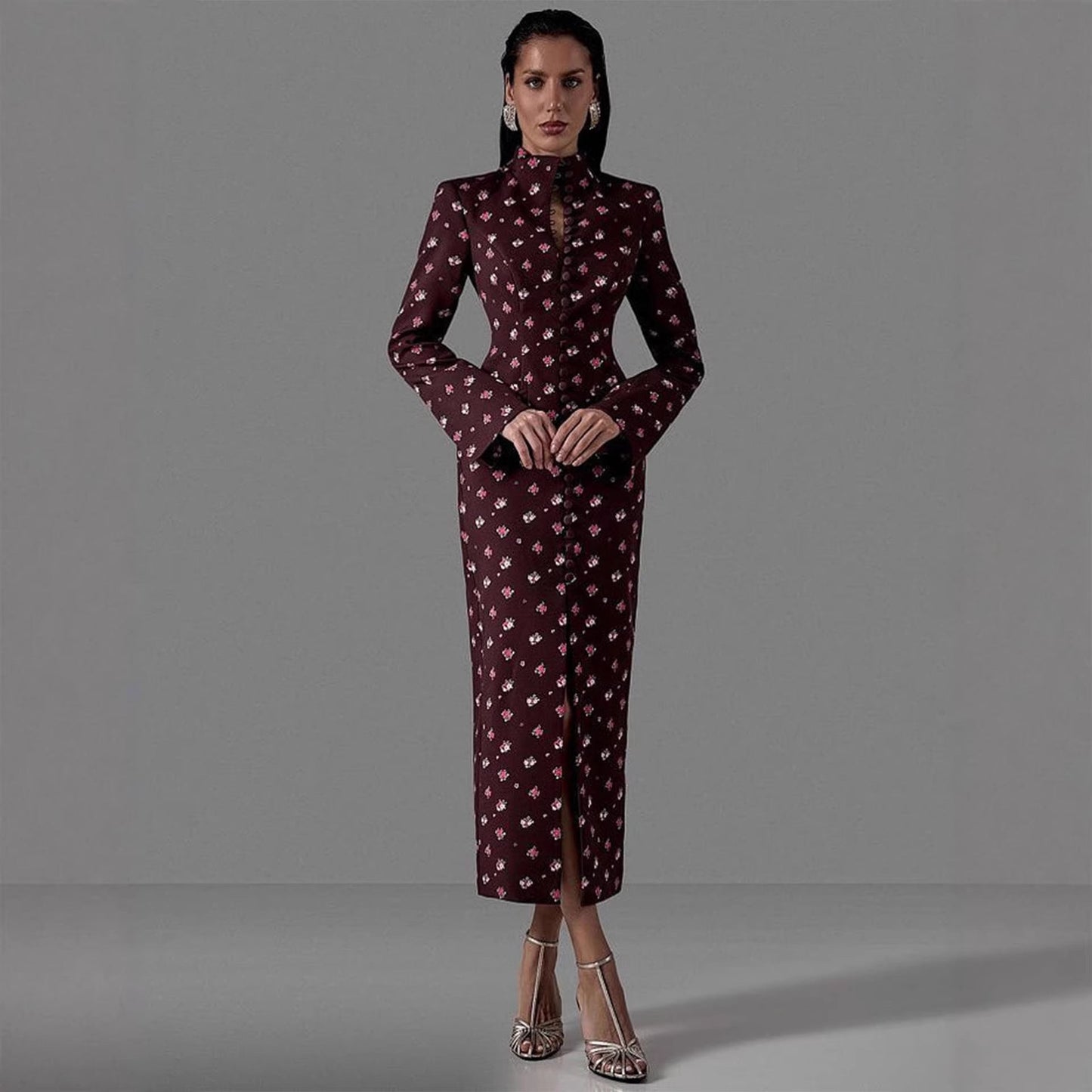 Damen Langarmkleid Floralmuster Hochgeschlossener Kragen Norvielle