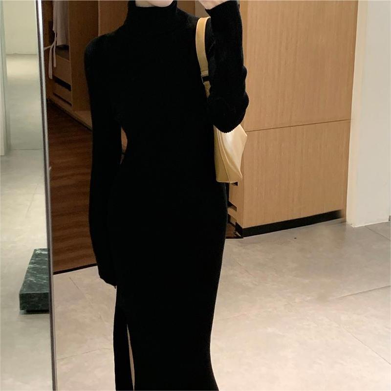 Damen Strickkleid Hohler Kragen Tailliert Anthrazit Norvielle
