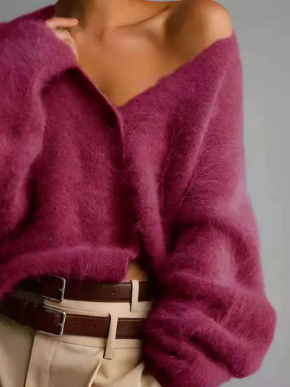 Damen Strickjacke Mohair-Mix V-Ausschnitt Knöpfe Anthrazit